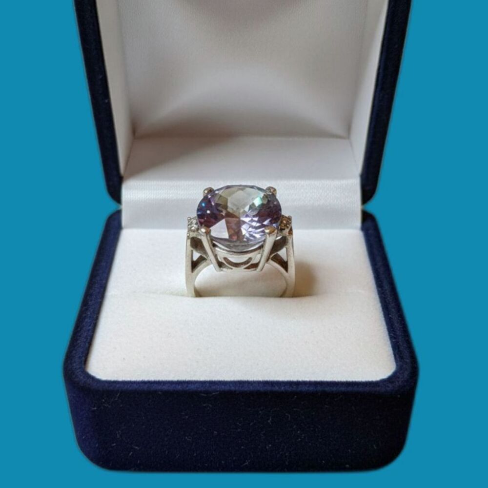 14k White Gold Ring - Natural Mystic Topaz w/ Round Diamond Accents